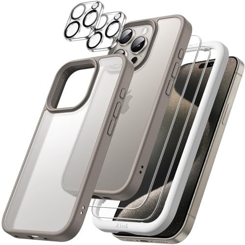 JETech 5 in 1 Matte Case for iPhone 15 Pro Max 6.7-Inch with 2-Pack Each Tempered Glass Screen Protector and Camera Lens Protector, Translucent Back Shockproof Phone Cover (Natural Titanium)