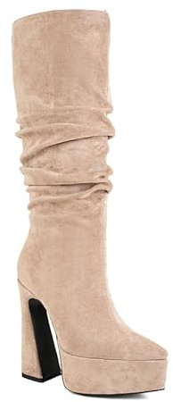 JIEEME pelle scamosciata blockabastz slip-on tacco alto punta punta piattaforma fatti a mano lungo stivali per le donne di grandi dimensioni t1018-3s, beige., 37 EU