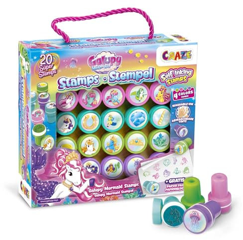 CRAZE GALUPY MERMAID Kinder Stempelset - Stempel Kinder mit Meerjungfrau-Motiven, Stempelkoffer mit 20 Stempeln inkl. Papierblock, abwaschbar