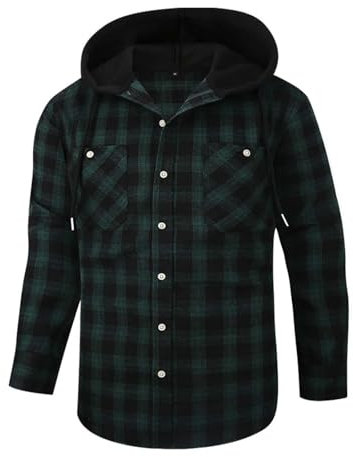 Karohemd Herren mit Kapuze Longsleeve Karierte Hemd Checked Hoody Leisure Basic Plaid Shirts Outdoor Button-Down Hemd Hemdjacke Männer Kapuzenjacke mit Tasche Knopfleiste