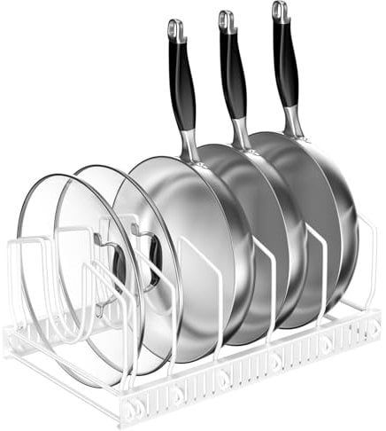 Fousenuk Porta Coperchi Pentole, Organizer Padelle con 7 Scomparti Regolabili, Porta Padelle, Portacoperchi Regolabile, Supporto per Coperchio in Metallo, Contenitore da Cucina (Bianco)