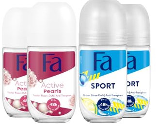 Fa Deo Roll-on Sport (2x 50 ml) Anti-Transpirant zu 48h Schutz frischer Duft von grünem Zitrus & Deo Roll-on Active Pearls (2x 50 ml) Schutz vor Schweiß & Körpergeruch Rosenduft