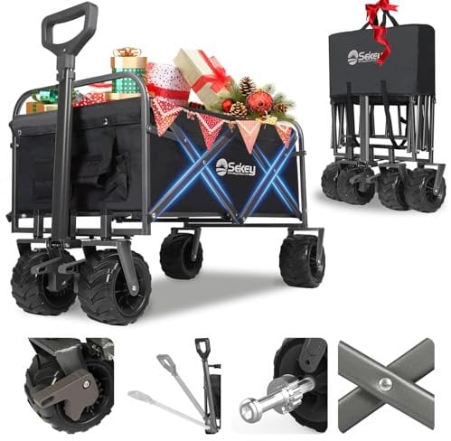 Sekey Bollerwagen Faltbar 200KG Schwerlast, Faltbarer Handwagen Extra Breite Reifen 17x10CM, Klappwagen Strand mit Bremsen, Klassisch 3017, Schwarz