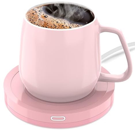 Smart Beverage Warmer Set:Beverage Warmer Auto On/Off Gravity-Induction For Office Home Desk,Candle Wax Warmer Heating Plate(131℉/55℃),14oz(Pink Set)