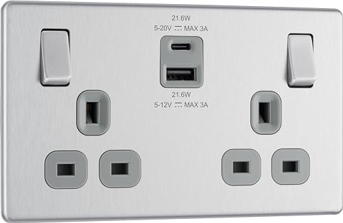 BG Electrical Double Switched Power Wall Plug Socket with Fast Charge Type A and C USB Ports, Screwless, Flatplate, Brushed Steel, Grey Inserts, 13A, 22W, FBS22UAC22G