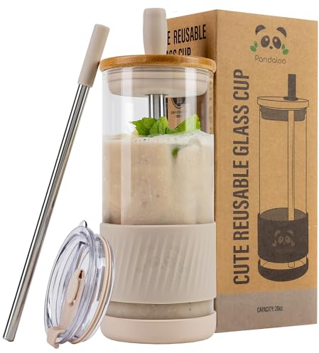 Pandaloo® Glass Cups With Lids and Straws -20 Fl Oz- Perfect Size Iced Coffee Cup - Smoothie Cup With Bamboo Lid and On the go Lid (Creamy Mushroom, 1 Count (Pack of 1)