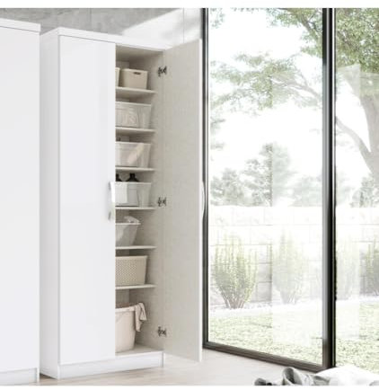 Befara Armario Multifuncional Marga 2 Puertas con 6 Estantes – Blanco 180 cm, Melamina Resistente, Estilo Moderno