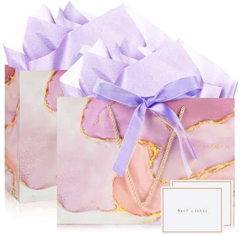 Mifferer Geschenktüten, 2 Stück Papier Geschenktüten mit 2 Taschentuch und 2 Karten, Geschenktüten mit Griffen für Frauen, Mädchen, Brautjungfern, Geburtstage, Valentinstag und Hochzeitsfeiern