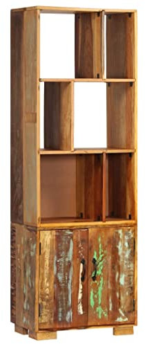 LVHUIDEH Bücherregal, Bücherschrank mit 2 Türen und 6 Fächern, Retro-Stil Standregal, geräumiger Wohnzimmerschrank, 60 x 35 x 180 cm Altholz Massiv