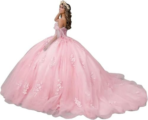 TSxuelian Robe Quinceanera en dentelle pour femme - Robe de bal à épaules dénudées - Robe de bal de princesse avec train - 16 robes bouffantes, rose, 48