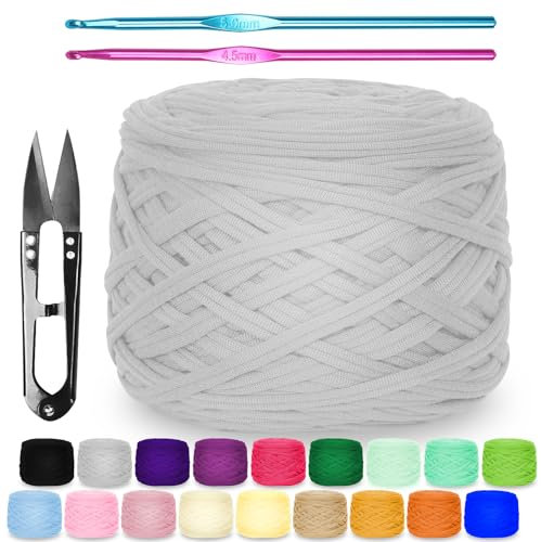 Zefphxs 290g T-Shirt Garn, Bändchengarn Polyester Rope zum Häkeln, T Shirt Garn, Textilgarn zum häkeln für körbe Teppiche, Heimdekoration, DIY-Kunsthandwerk (Hellgrau)