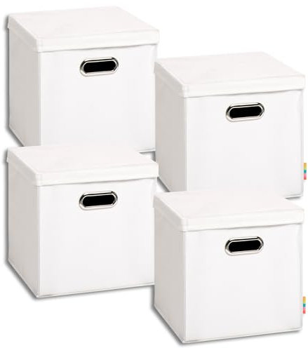 Storanda | 4er Set Aufbewahrungsbox mit Deckel 28x28x28 cm | Beiseitig Breite Griffe | Stabil & Faltbar | Regalbox für Würfelregal | Weiß