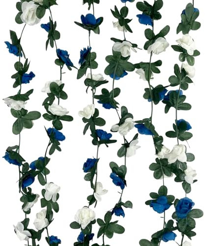 8Pcs 63Ft Blue White Rose Garland, Fake Flower Vines, Artificial Vine Flowers, Rose Hanging Garland for Party Wedding, Garden, Room Table, Christmas, Backdrop Wall Arch Decor