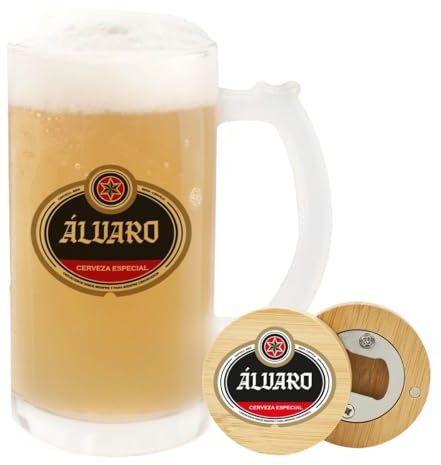 Pack Jarra de cristal personalizada y abridor de madera personalizado. Jarra de cerveza y abridor de madera personalizados. Regalos para padres. Regalos originales para hombres. (Estrella)