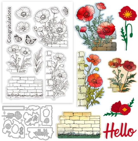 GLOBLELAND Klarer Silikonstempel Metall Stanzformen Malschablonen Für Die Kartenherstellung Mohnmotiv Stempel Stanzformen Frühlingsblumen Wand Schablonen Set Für DIY Scrapbooking Kunsthandwerk