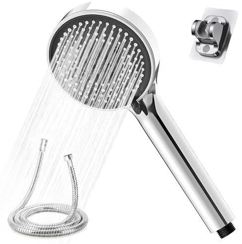 Pommeau de douche haute pression avec tuyau de 2 m, 5 types de jets, chromé, avec fonction anti-calcaire, rond, pour adultes, enfants, animaux domestiques, 12 cm