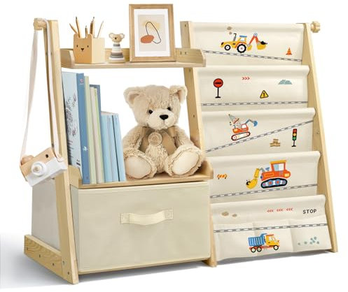 wooshwa Bücherregal Kinder Kinderzimmer Spielzeug Aufbewahrung mit 4 Regalebenen & Aufbewahrungsbox, Kinderregal Kinder Bücherregal für Regal kinderzimmer Spielzeug-Organizer - Bagger