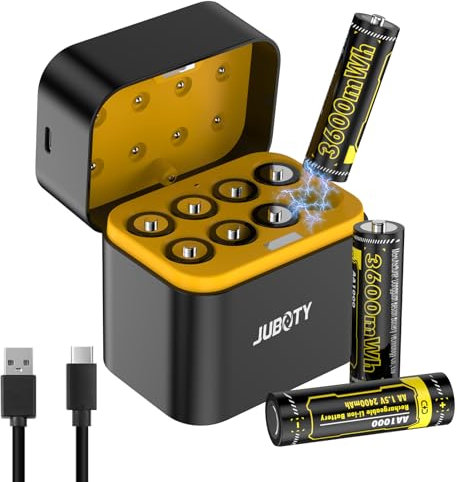 Rechargeable AA Battery, 8x 3600mWh Ultra High Capacity AA Lithium Battery with Smart Charging Storage Box- 8 No. 5 Batteries slots/ 8 LED Indicator Lights/Magnetic Cover, 1 Type-c Charging Cable
