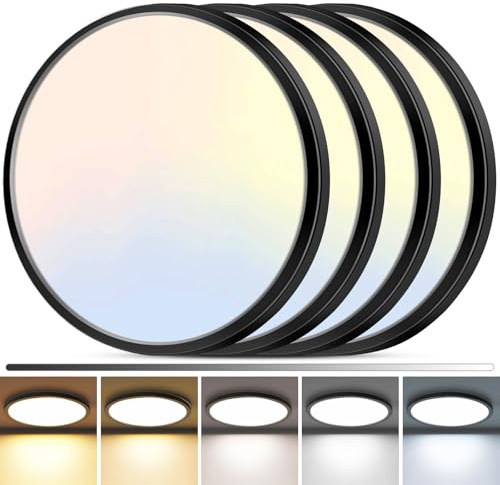 zemty 4Pack LED Flush Mount Ceiling Light, 12Inch 24W Dimmable Ceiling Lights Fixture, 5 Color Temperatures (3000K-6500K) Black Round Ceiling Lamp for Bedroom, Kitchen, Hallway,Bathroom