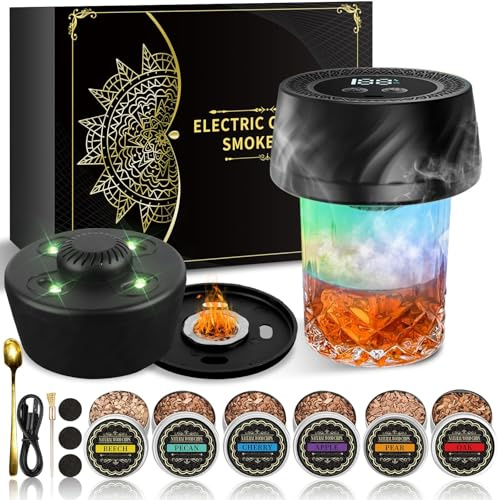 Kit de fumoir à whisky électrique avec briquet intégré, cadeau de Noël éléphant blanc pour adultes et hommes, kit de fumoir rechargeable à l'ancienne avec 6 copeaux de bois, pas de butane nécessaire
