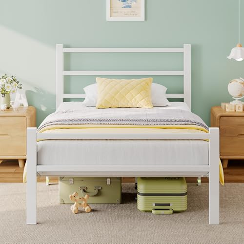 Feonase Single Bed Frame, Metal Platform Bed Frame, Single Beds Solid Bedstead Base with Headboard and Footboard, Sturdy Steel Construction, Under-bed Storage, Easy Assembly, Noise Free, White