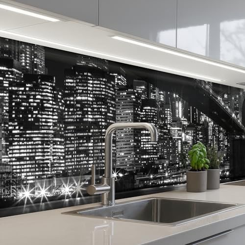 KitchenYeah© Spritzschutz Küche Küchen Rückwand Küchendeko Wand Wandschutz | 60x250 cm - Selbstklebend Backsplash Kitchen Peel And Stick New York - Brooklyn - Brücke - Schwarz und weiß