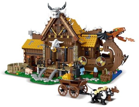 Aimmob Mittelalter Nordische Wikinger Haus Klemmbausteine, Vikings Architecture Häuser Modell, Modular Buildings Geschenkbox Set für Adult Erwachsene（3129 Teile）