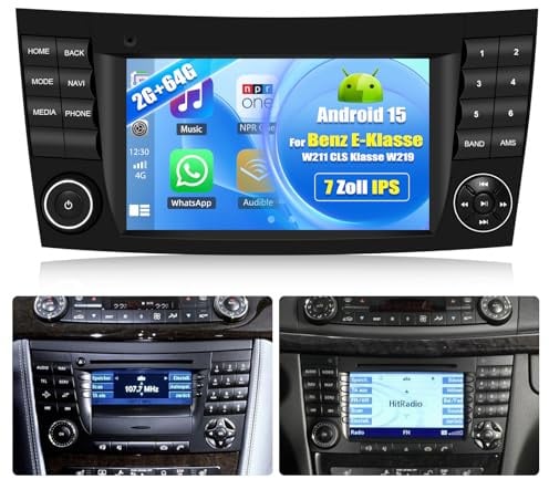 CAMECHO 2GB+64GB Android 15 Autoradio mit Navi für Mercedes Benz E-Klasse W211 CLS Klasse W219,Doppel Din Radio mit 7 Zoll Touchscreen Mirror Link RDS/FM Bluetooth+AHD Rückfahrkamera