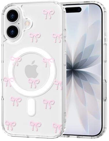 TVVTPU Magnetisch Hülle für iPhone 17 Kompatibel mit MagSafe, Aesthetic Schleifen Muster Handyhülle Nie Vergilbung Dünne Transparent Hard PC Rückseite Stoßfester Kratzfest Schutzhülle Case, Rosa