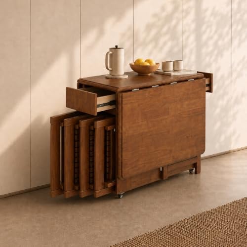 EOBfurniture Klappbarer Esstisch 150cm mit 4 Stühlen, Klapptisch | Platzsparender Klapptisch 150cm,Ausziehbar,360° Rollen,Stauraum,Nussbaumoptik,Multifunktionaler Esstisch für kleine Räume