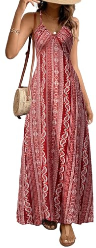 JENJON Femme Robe Style Ethnique sans Manches Col en V Eté Bohème Plage Robes Elégante Longue Décontractée Taille Haute Ourlet Robe à Fourche
