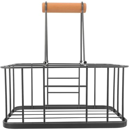 Toyvian Rustic Metal Wine Bottle Storage Stand with Wood Handle Beverage Holder Milk Carton Rack Portable Grey