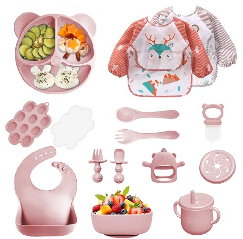 14 pièces Coffret Repas Bebe Silicone, Assiette bebe Set avec Ventouse Assiette Bol Fourche Cuillère Bavoir et Tasse, Enfant Set Couverts Vaisselle Pour Sevrage Manger (Rose clair)