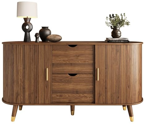 HAINEW Sideboard Kommode mit 2 Schiebetüren und 2 Schubladen, Buffetschrank Beistellschrank Aufbewahrungsschrank mit Massivholzbeinen und Ovale Tischplatte, 140×40×79,5cm, HD26030310