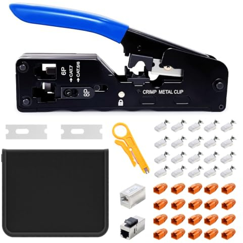 Crimpatrice RJ45 per Connettori RJ45, Pinza Crimpatrice RJ45 con 20x Connettori Cat 7 Pass Through Schermati, 1x Spellafili, 1x Connettore RJ45 Cat7, 1x Modulo Keystone RJ45 - Kit Crimpatrice Ethernet