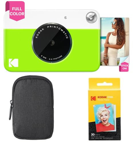 KODAK Printomatic Sofortbildkamera (Grün) Basis-Paket + Zinkpapier (20 Blätter) Etui + Bequemer Halsriemen