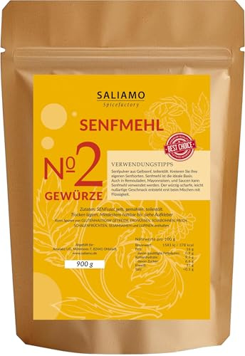 Saliamo | 900g Senfpulver, Senfmehl, gemahlen - scharfes Gelb - Senfkörner - teil entöltest Senfpulver - eignet sich zu Herstellung von Senf, 100% naturrein aus Senfkörnern gewonnen