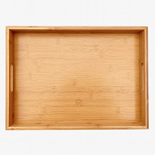 Bandeja rectangular de madera de bambú natural para servir, bandeja de mayordomo con asa, bandeja de desayuno en la cama, bandeja de té para bandeja de mesa de café