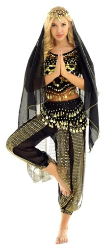 Yeahdor Damen Bauchtanz Kostüm Set Pailletten Bauchtanz Oberteil mit Mützen + Haremshose + Hüftschal + Schleier Karneval Fasching Cosplay Party Verkleidung A Schwarz Einheitsgröße