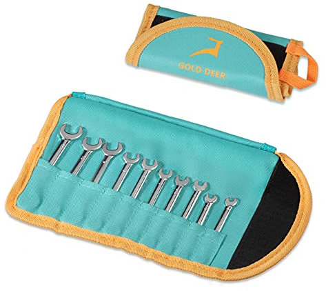 GOLD DEER 10 Pcs Mini Wrench Set Standard Metric 4-11mm Extra Slim Spanner with Mirror Finishing Wrench Set Combination Wrench Set Open End and Box End Ignition Wrenches with Storage Roll Pouch