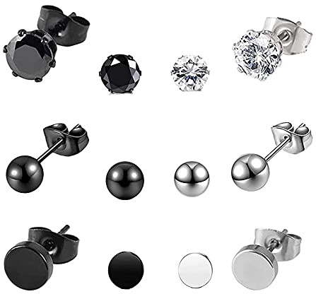 6 Pairs Black Stainless Steel Stud Earrings - CZ Cartilage Huggie Piercing with Dumbbell Barbell and Black Zircon for Women and Men