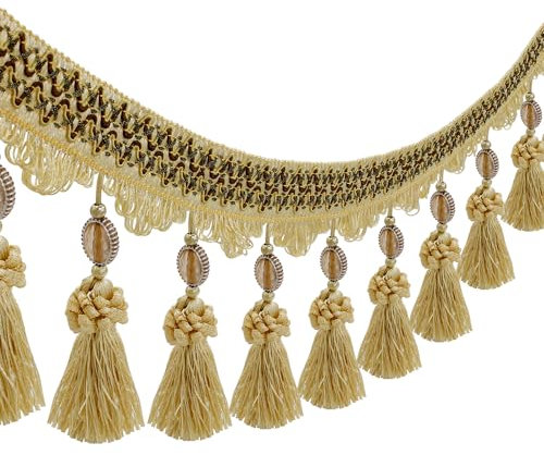 Pompon-Vorhang-Fransenborte mit Perlen, Kugel, Quaste, Nähband, Polsterstoff, 2,7 m, goldfarben