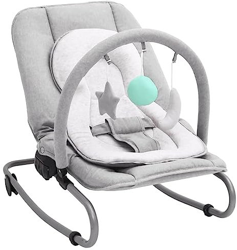 vidaXL Babywippe mit Spielzeugen Sitzpolster 3-Punkt-Sicherheitsgurt Spielbogen Babyschaukel Schaukelwippe Babywiege Liege Hellgrau Stahl