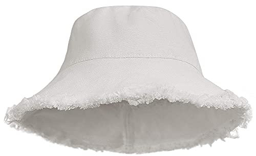 Distressed Bucket Hat Sonnenschutz Fransen Rand Gewaschene Baumwolle Canvas - Sommerhut mit breiter Krempe, Weiß, 56/58 cm