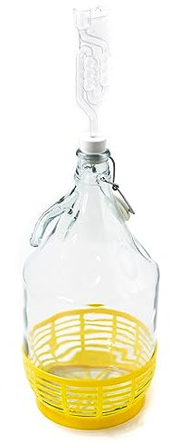 WYSKONT Bouteille bonbonne à col étroit avec couvercle pivotant, panier de protection, sas et bouchon pour la fabrication du vin, la fermentation, le stockage des boissons, verre transparent, 1 x 5 L