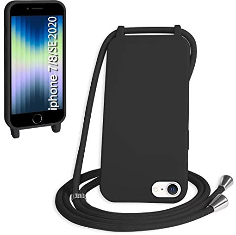 SLWYF Compatible with iPhone 6/7/8/iPhone SE 2020/SE 2022 Crossbody Lanyard Case, Liquid Silicone Protective Phone Case with Strap Adjustable Neck Cord Necklace Soft Cover for iPhone 6/7/8, Black
