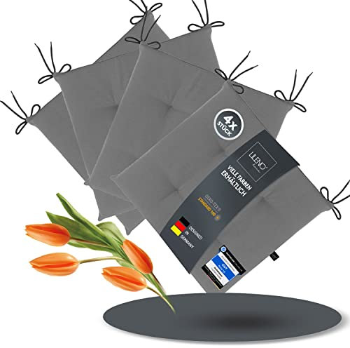 LILENO HOME 4er Set Stuhlkissen Mittelgrau (40x40x4,5 cm) - Sitzkissen für Gartenstuhl, Küche oder Esszimmerstuhl - UV-beständige Indoor u. Outdoor Stuhlauflage als Stuhl Kissen (Laura FUM)