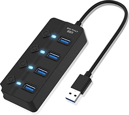 USB Hub 3.0 - USB Extender Splitter for Laptop with Individual Switch, 1 to 4 Multiport USB Adapter Extension Hub for Computers (4 Ports USB 3.0 with Switch Control & Indicator Light)