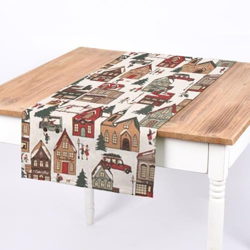 SCHÖNER LEBEN. Tischläufer Winter Village Scene Winterdorf weiß braun