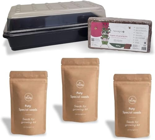 Hexagro - Spicy Mix Anbauset | Mini-Gewächshaus für Chili-Pflanzen und Kokosnuss-Substrat 650g für die Keimung | 3-Beutel-Kit mit Trinidad, Italico und Cayenne-Pfeffer-Samen